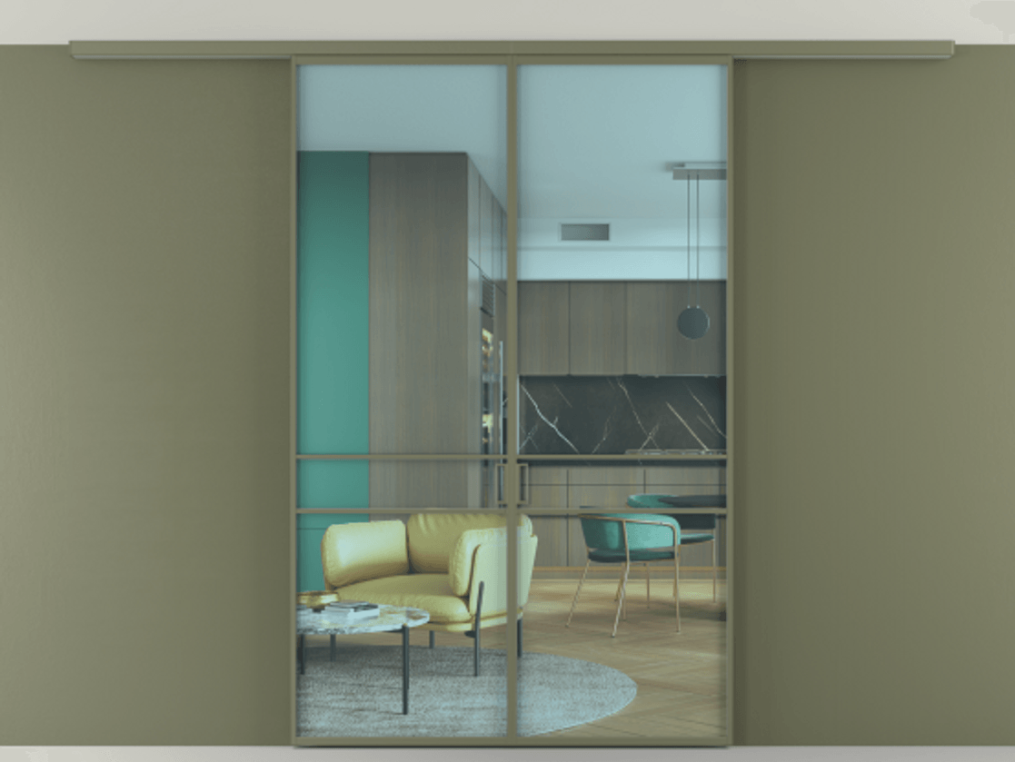 Перегородка Formato вдоль стены на потолок 2 створки АЛПР 040.02 Алюминий оливковый тёмный Прозрачное голубое стекло, триплекс Цена 186615 ₽ | Volhovec