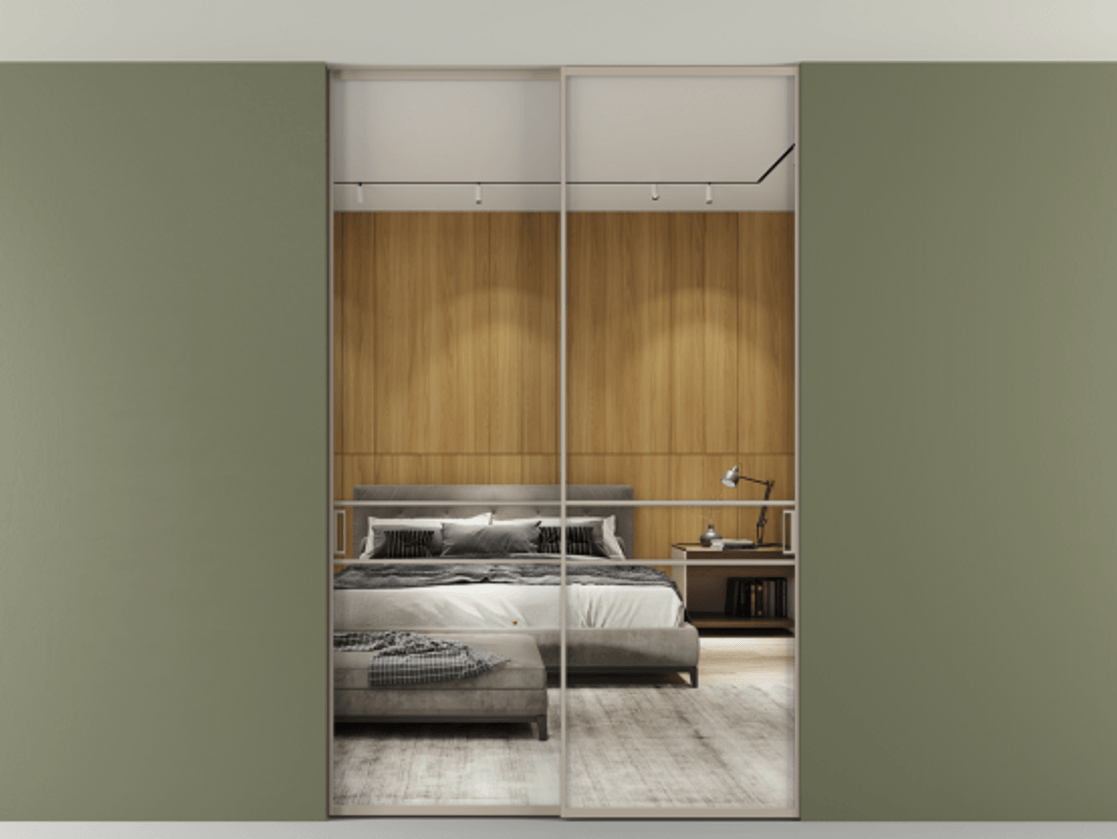 Перегородка Formato внутри проёма двустворчатая со скрытым креплением в потолок АЛПР 040.02 Алюминий бисквитный Двустороннее зеркало, триплекс 6 мм, триплекс 6 мм Цена 286500 ₽ | Volhovec