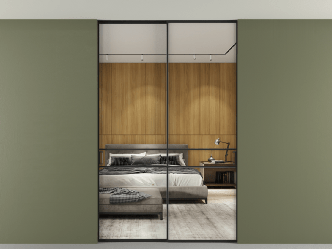 Перегородка Formato внутри проёма двустворчатая со скрытым креплением в потолок АЛПР 040.02 Алюминий Черный Двустороннее зеркало, триплекс 6 мм, триплекс 6 мм Цена 278650 ₽ | Volhovec