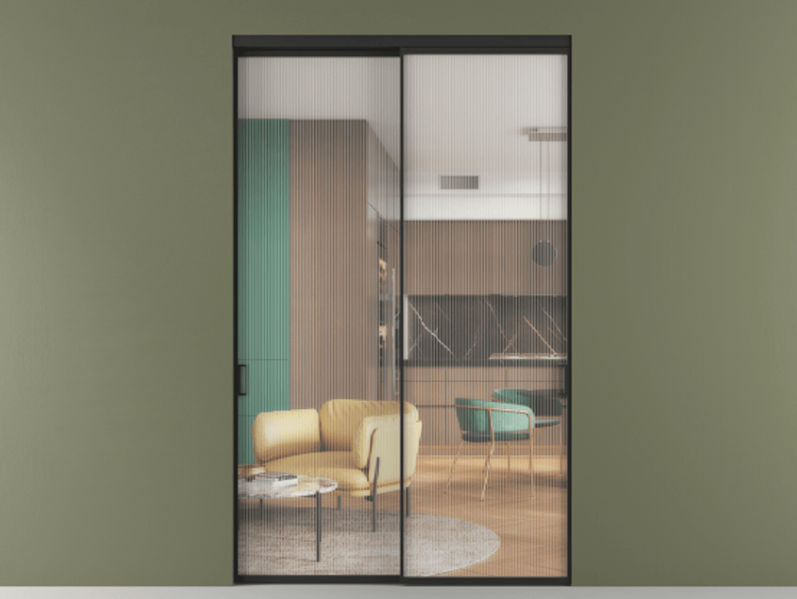 Перегородка Formato внутри проёма 2 створки АЛПР 040.01 Алюминий Черный Рифлёное стекло "Moru", триплекс Цена 416080 ₽  | Volhovec