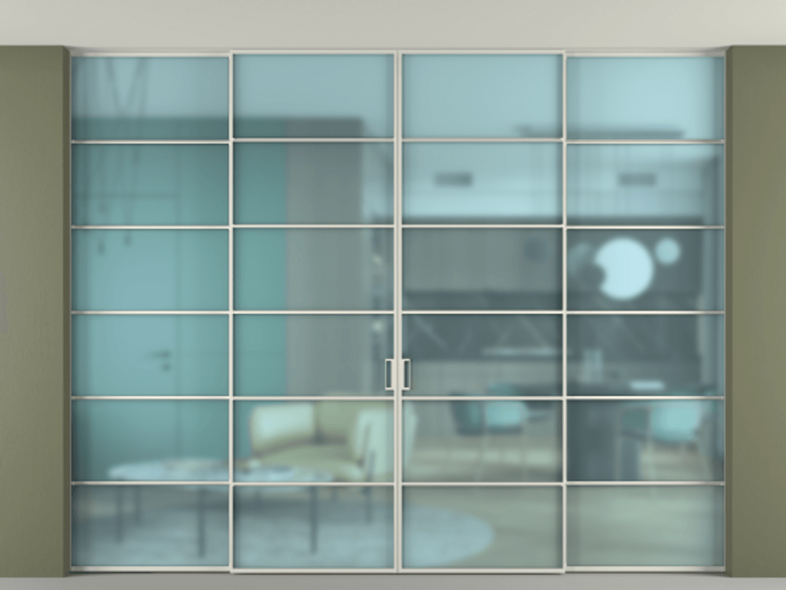 Перегородка Formato внутри проёма скрытое крепление в потолок 4 створки АЛПР 040.04 Алюминий Белый Сатинированное голубое стекло, триплекс Цена 453070 ₽ | Volhovec