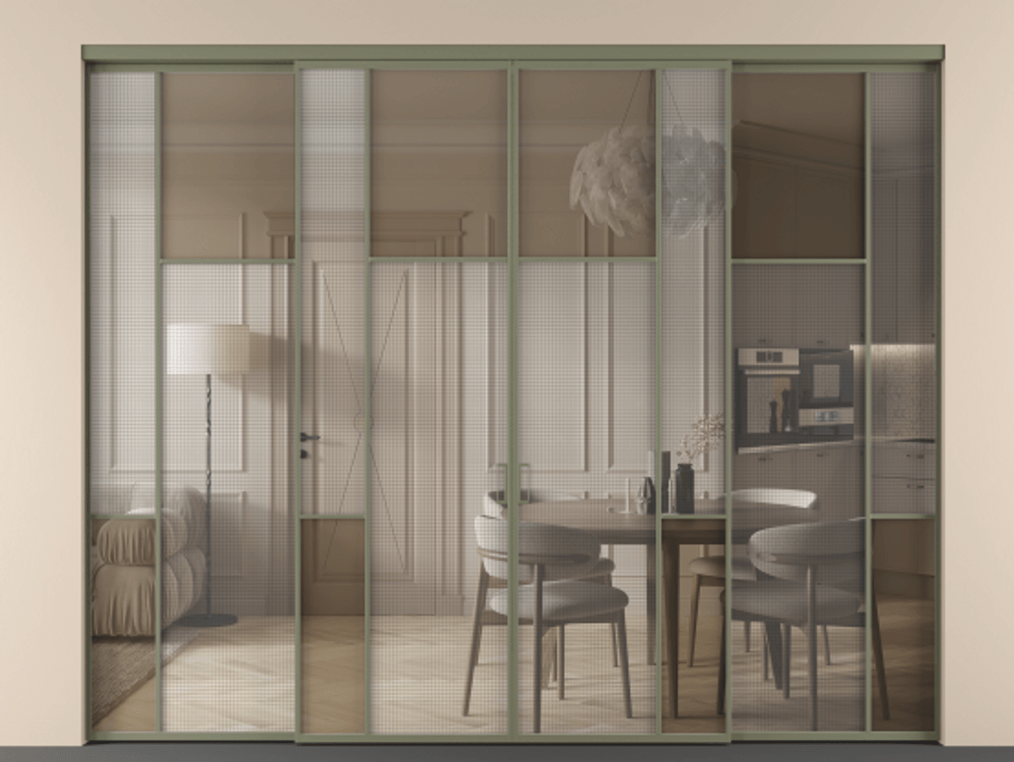 Перегородка Mosaic внутри проёма 4 створки АЛПР 041.10 Алюминий оливковый тёмный Декоративное стекло с сеткой "Mesh silver", триплекс, 6 мм + Прозрачное бронзовое стекло, триплекс Цена 484920 ₽ | Volhovec