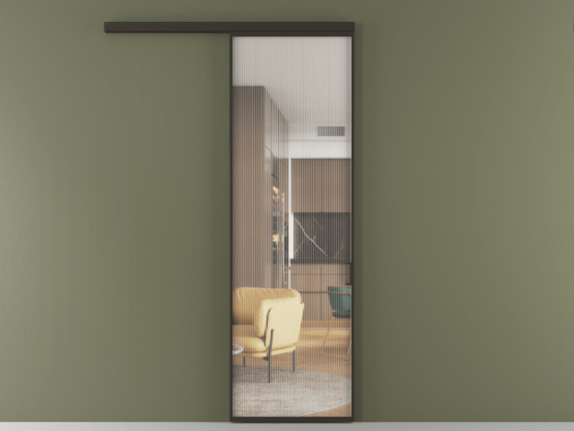 Перегородка Formato вдоль стены одностворчатая АЛПР 040.01 Алюминий антрацит Рифлёное стекло "Moru", триплекс, 8 мм Цена 122850 ₽  | Volhovec