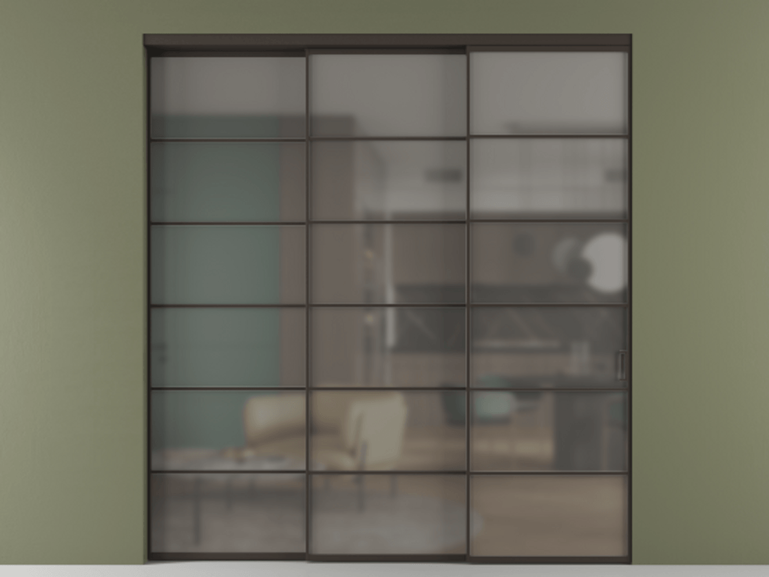 Перегородка Formato внутри проёма телескопик синхро 2 АЛПР 040.04 Алюминий антрацит Сатинированное серое стекло, триплекс, 6 мм Цена 408980 ₽  | Volhovec