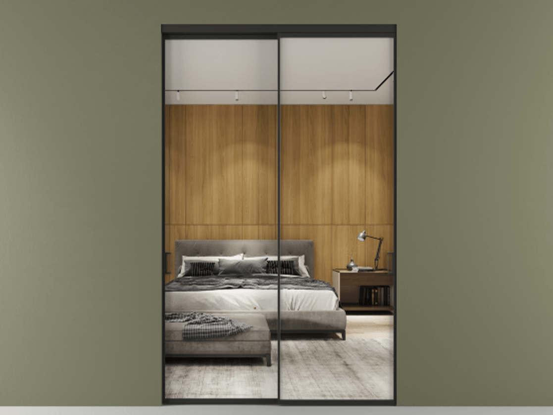 Перегородка Formato внутри проёма двустворчатая АЛПР 040.01 Алюминий Черный Двустороннее зеркало, триплекс 6 мм, триплекс 6 мм Цена 188580 ₽  | Volhovec