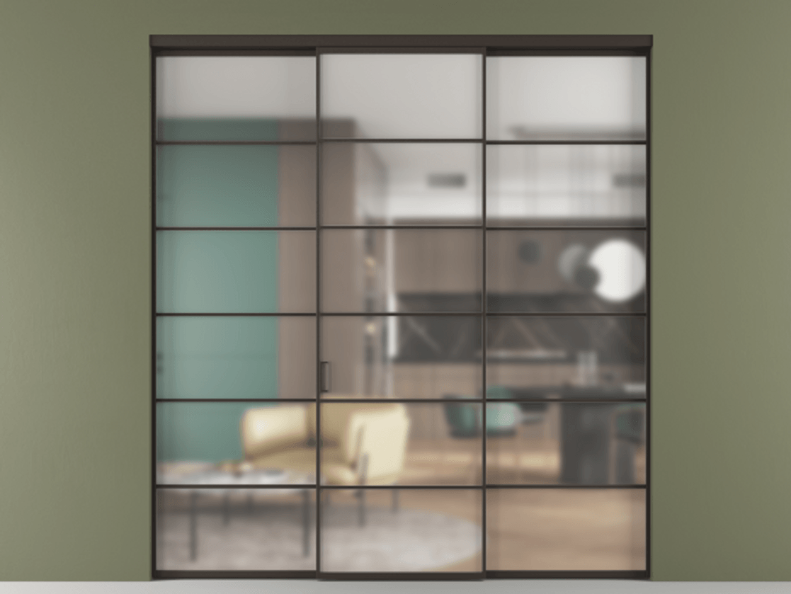 Перегородка Formato внутри проёма 3 створки АЛПР 040.04 Алюминий антрацит Сатинированное стекло "Мателюкс Кристал Вижн", калёное, матовое, каленое 6 мм Цена 341000 ₽ | Volhovec