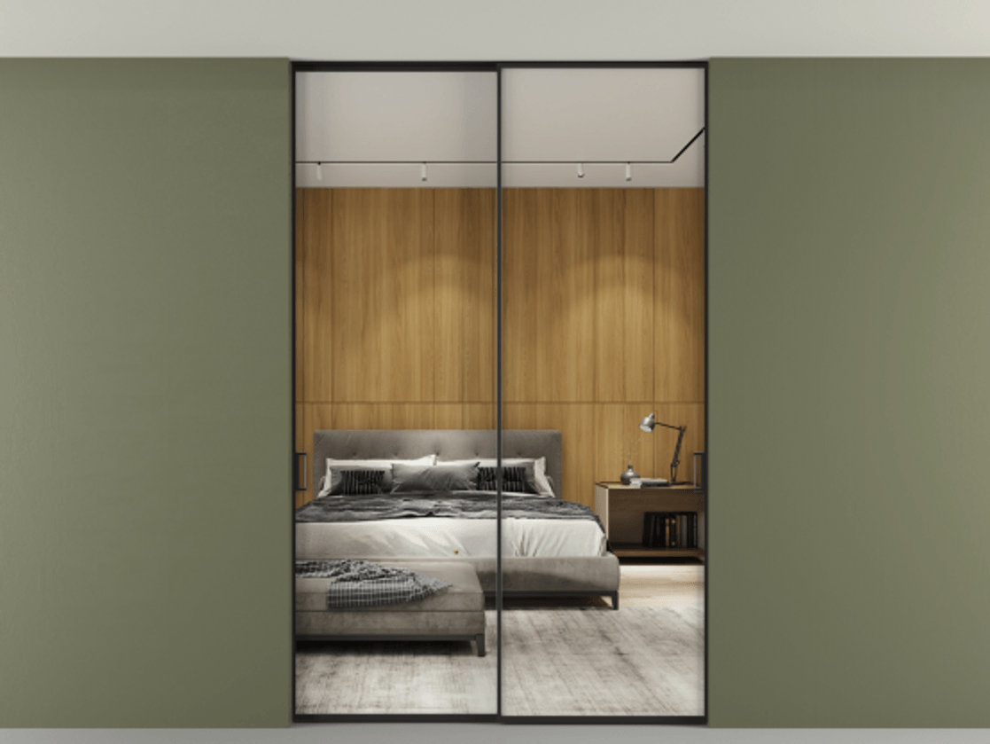 Перегородка Formato внутри проёма скрытое крепление в потолок 2 створки АЛПР 040.01 Алюминий Черный Двустороннее зеркало, триплекс , триплекс 6 мм Цена 240988 ₽ | Volhovec