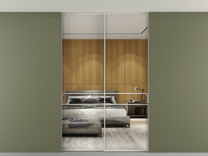 Алюминевая перегородка p2_02 Зеркало триплекс БЕЛ. Цвет Алюминий Белый. Материал Алюминий. Коллекция Перегородка Formato внутри проёма двустворчатая со скрытым креплением в потолок. Картинка.