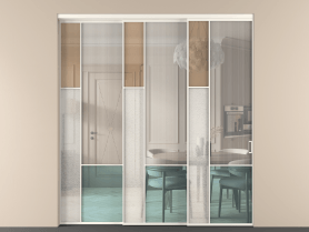 Алюминевая перегородка vnt3_6 Алюминий пудровый белый Четыре стекла. Цвет Алюминий пудровый белый. Материал Алюминий в эмали. Коллекция Перегородка Mosaic внутри проёма 3 створки с синхронным механизмом. Картинка.