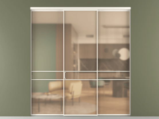 Алюминевая перегородка vn1+2_02_ Алюминий пудровый белый Сатинированное оранжевое стекло, триплекс, 6мм. Цвет Алюминий пудровый белый. Материал Алюминий в эмали. Коллекция Перегородка Formato внутри проёма 3 створки. Картинка.