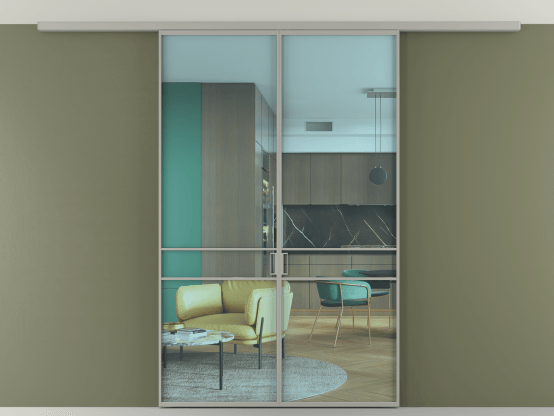 Алюминевая перегородка АЛПР 040.02_АНСР_ПРОЗ ГОЛ_new. Цвет Алюминий нейтральный серый. Материал Алюминий в эмали. Коллекция Перегородка Formato вдоль стены на потолок 2 створки. Картинка.