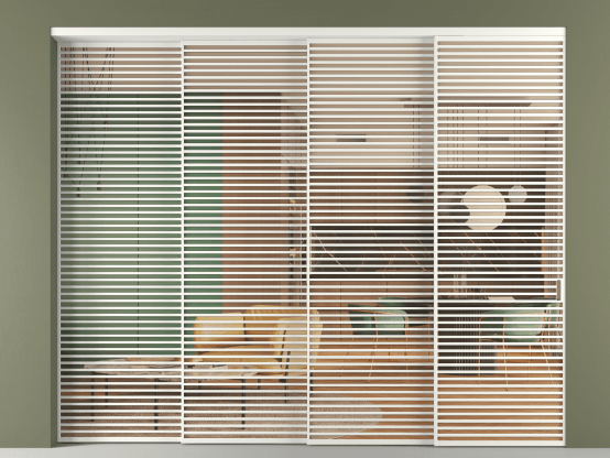 Алюминевая перегородка vn4_07_ Алюминий светло-серый Прозрачное оранжевое стекло, триплекс, 6мм. Цвет Алюминий светло-серый. Материал Алюминий в эмали. Коллекция Перегородка Formato внутри проёма 4 створки с синхронным механизмом. Картинка.