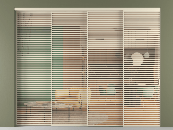 Алюминевая перегородка vn4_07_ Алюминий бежево-серый Прозрачное оранжевое стекло, триплекс, 6мм. Цвет Алюминий бежево-серый. Материал Алюминий в эмали. Коллекция Перегородка Formato внутри проёма 4 створки с синхронным механизмом. Картинка.