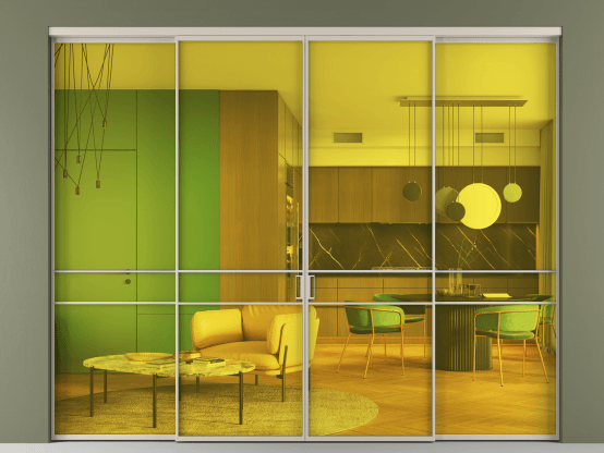 Алюминевая перегородка АЛПР 040.02_АСБЖ_ПРОЗ ЖЕЛ_new. Цвет Алюминий светло-бежевый. Материал Алюминий в эмали. Коллекция Перегородка Formato внутри проёма 4 створки. Картинка.