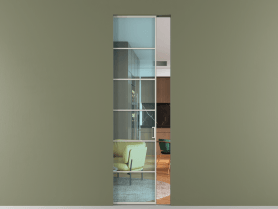 Алюминевая перегородка skr1_04_ Алюминий тёплый серый Прозрачное голубое стекло, триплекс, 6мм. Цвет Алюминий тёплый серый. Материал Алюминий в эмали. Коллекция Перегородка Formato скрытый пенал 1 створка. Картинка.