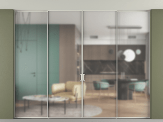 Алюминевая перегородка p2+2_01 Matelux Crystalvision БЕЛ. Цвет Алюминий Белый. Материал Алюминий. Коллекция Перегородка Formato внутри проёма скрытое крепление в потолок 4 створки. Картинка.