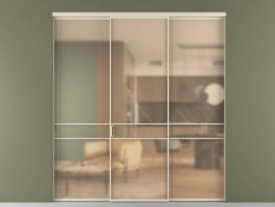 Алюминевая перегородка vn1+2_02_ Алюминий бежево-серый Сатинированное оранжевое стекло, триплекс, 6мм. Цвет Алюминий бежево-серый. Материал Алюминий в эмали. Коллекция Перегородка Formato внутри проёма 3 створки. Картинка.