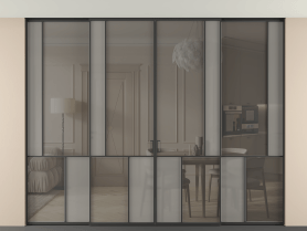 Алюминевая перегородка vntp4_3 ЧЕР. Цвет Алюминий Черный. Материал Алюминий. Коллекция Перегородка Мозаик внутри проёма скрытое крепление в потолок 4 створки. Картинка.