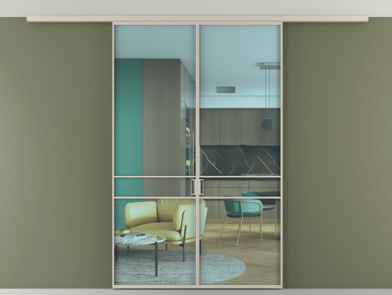 Алюминевая перегородка АЛПР 040.02_АСБЖ_ПРОЗ ГОЛ_new. Цвет Алюминий светло-бежевый. Материал Алюминий в эмали. Коллекция Перегородка Formato вдоль стены на потолок 2 створки. Картинка.