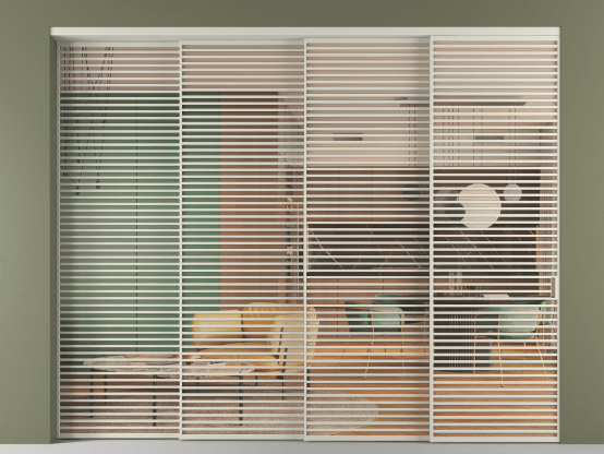 Алюминевая перегородка vn4_07_ Алюминий тёплый серый Прозрачное оранжевое стекло, триплекс, 6мм. Цвет Алюминий тёплый серый. Материал Алюминий в эмали. Коллекция Перегородка Formato внутри проёма 4 створки с синхронным механизмом. Картинка.