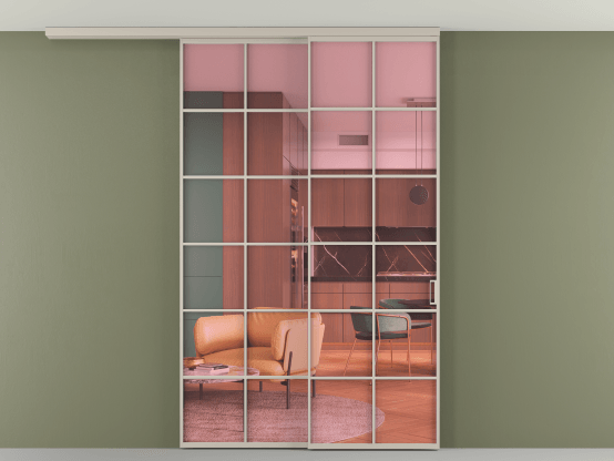 Алюминевая перегородка АЛПР 040.05_АСБЖ_ПРОЗ РОЗ_new. Цвет Алюминий светло-бежевый. Материал Алюминий в эмали. Коллекция Перегородка Формато вдоль стены на потолок 2 створки с синхронным механизмом. Картинка.